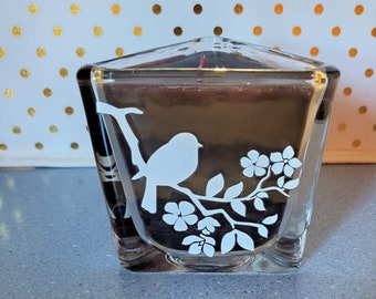 Upcycled 3 Sided Glass Container Candle with 3 Different White Bird Scenes - Deep Purple Wax - Mystery Scented