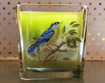 Upcycled Clear Square Glass Container Candle with 4 Different Bird Decals Added - Light Green Wax - Floral Scented