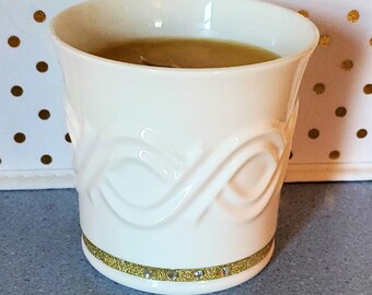 Upcycled Candle in Elegant White Ceramic Cup Cache Pot - Noritake Bone China - Yellow Wax - Frangipanni Scented