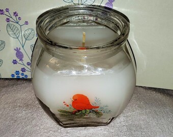 Upcycled Clear Curved Square Glass Container Candle with Cute Baby Cardinal Bird Decal Added - White Wax - Jasmine Scented