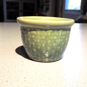 Op de afbeelding: Een kleine, handgemaakte keramische kom met een getextureerd, kuiltjesoppervlak. De kom heeft een gedempte groene kleur met een lichtere groene rand. De kom wordt waarschijnlijk gebruikt om te serveren of als decoratief stuk.