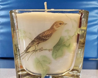Upcycled 3 Sided Glass Container with 3 Different Birds - Off White Wax Candle - Gardenia Scented