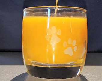Upcycled Clear Glass Container with Frosted Pawprints Candle - Bright Yellow Wax -  Frangipanni Scented
