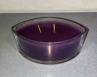 Upcycled Large Elegant Clear Curved Glass Container Candle with Purple Wax - Lavender Scented
