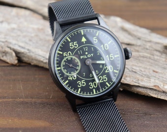 Men’s vintage wrist watch Pilot with metal bracelet, Old watch Collectible watch, Antique Mens watches, Mens Mechanical military watch