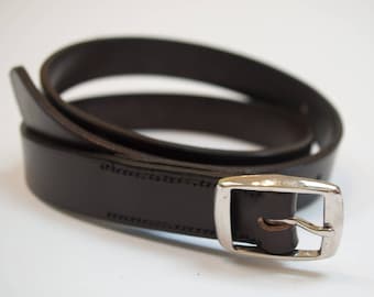 Leather belt brass buckle hand-stitched brown