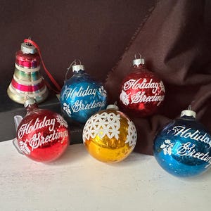 1930s SHINY BRITE Christmas ornaments / Stenciled / Yellow / Red / Blue / Sold Separately