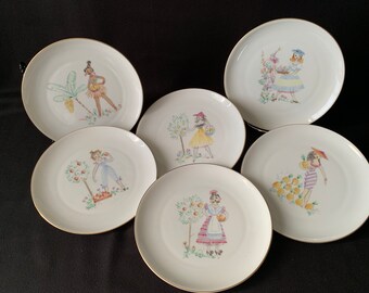 H & C Bavaria Germany Porcelain Small Plates – Beautiful International Young Women Gathering Fruit