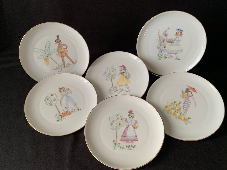 H & C Bavaria Germany Porcelain Small Plates Beautiful International Young Women Gathering Fruit image 1