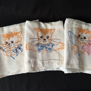 Vintage Hand Made Linen Tea Towels With A Precious Yellow Kitty Embroidered On Each