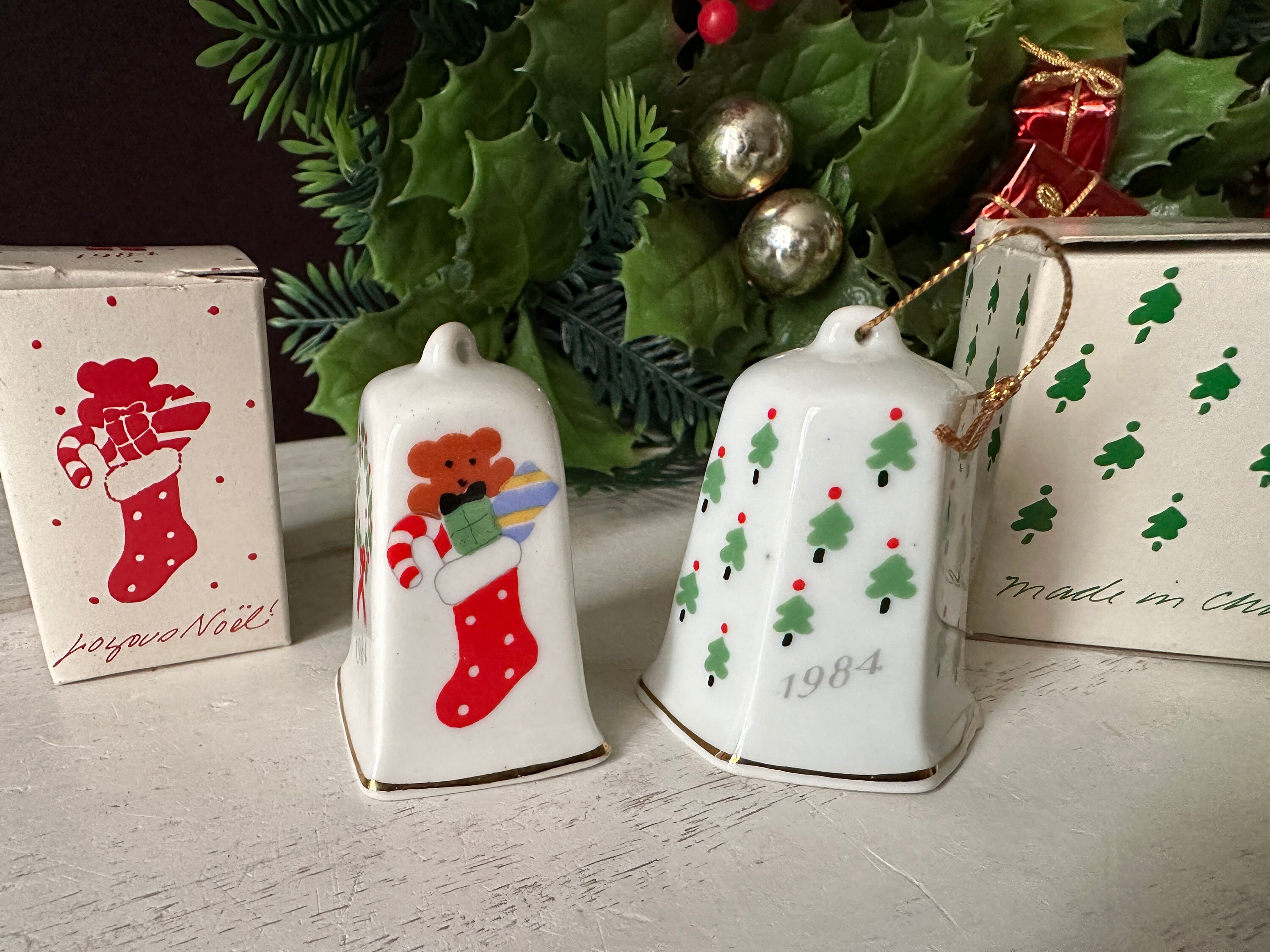 Two 1984 Lillian Vernon Christmas Bell Ornaments – New in Original