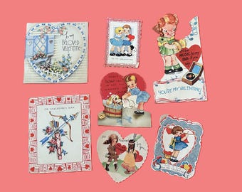 Collection of 7 Vintage Die-Cut Valentine's Day Cards from 1930s - 1950s