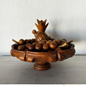Remarkable Vintage 1970s Hand-Carved Wood Fruit And Pedestal Wood Plate