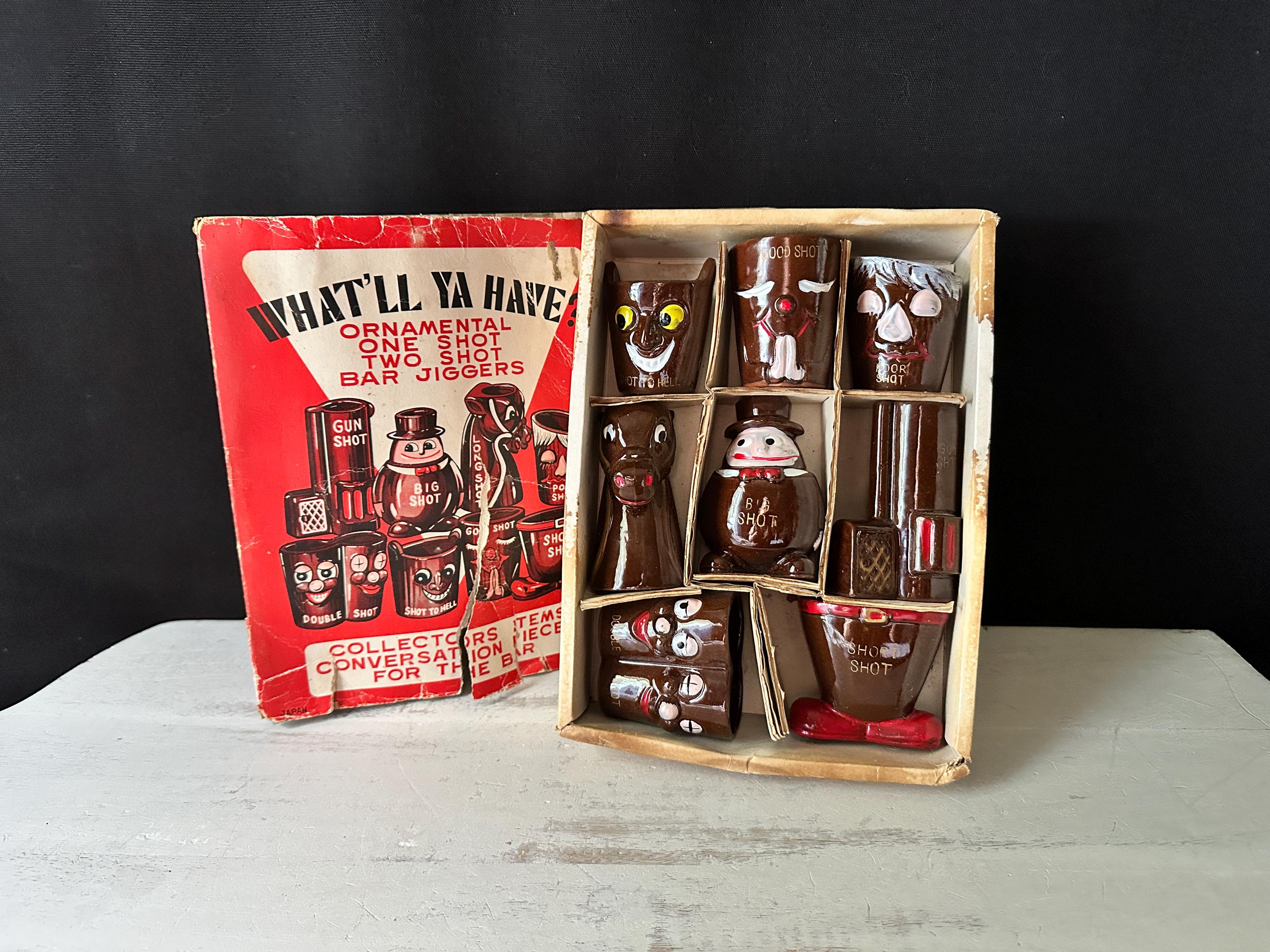 Vintage “what'll Ya Have?” Ornamental Shot Glass Set Made in Japan