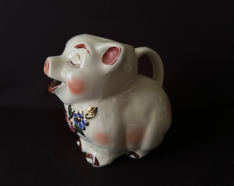 Vintage SHAWNEE Pottery Smiley Pig Pitcher With Gold Trim & Accents