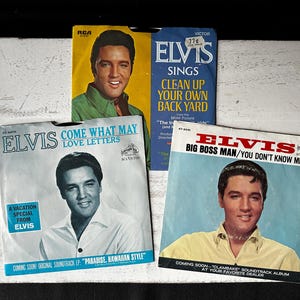 Discos originais autênticos de ELVIS PRESLEY 45 com capas fotográficas, todos do rockin' & rollin' dos anos 1960!