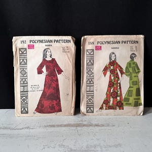 May include: Two vintage sewing patterns for Polynesian dresses. The patterns are in paper packaging with illustrations of the dresses. One dress is red with a floral pattern, and the other is red with green and white floral patterns.
