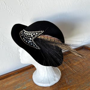 Vintage 1980s &quot;EXCELO&quot; By ADOLPHO II Black Fedora Wool Hat with a Tilt and Feathers & Rhinestones