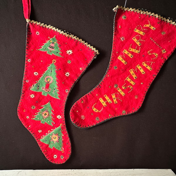Vintage 1950s Red Pre-Printed Flannel Christmas Tree Stockings - Sold Separately