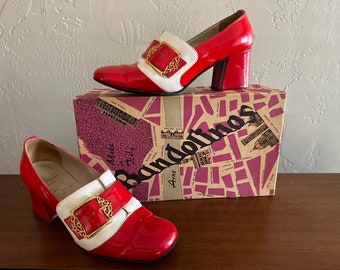 Vintage 1970s Pair of BANDOLINOS Patent Leather Red & White Chunky High-Heeled Slip-On Shoes