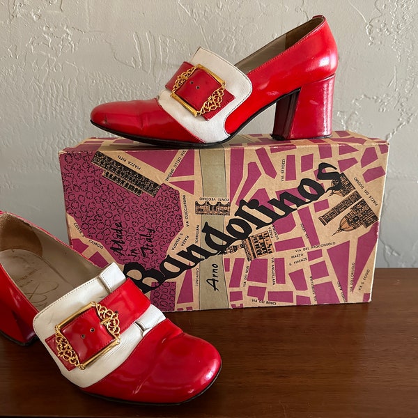 Vintage 1970s Pair of BANDOLINOS Patent Leather Red & White Chunky High-Heeled Slip-On Shoes