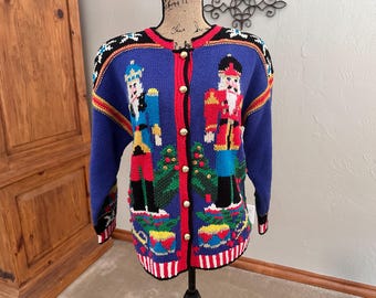 Vintage Hand-Knitted Nutcracker Christmas Cardigan Sweater by Raphels - Size Medium
