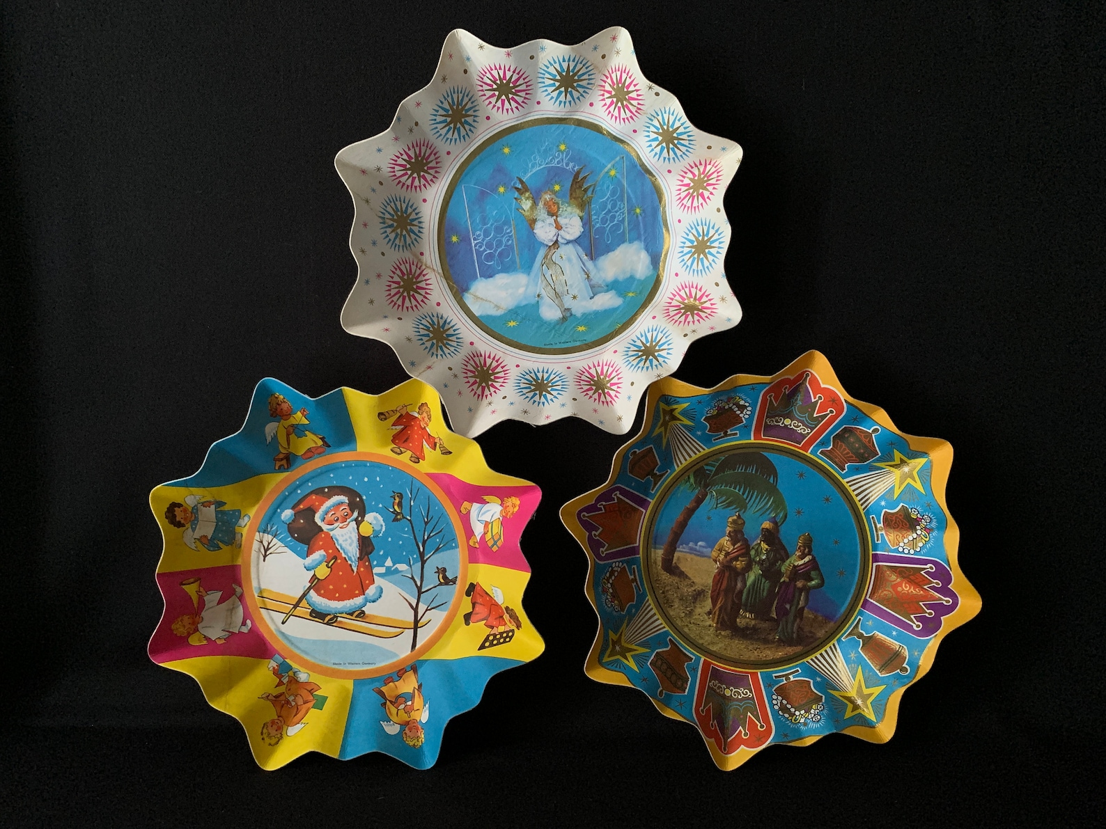 Vintage Christmas Pressed Cardboard Bowls – Three Wisemen, Angel, and Santa Claus - Western Germany