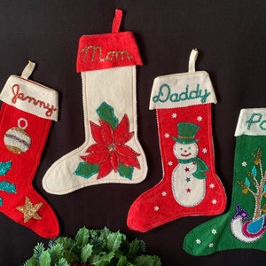 Four Completed Vintage Felt Christmas Stockings Stunning!