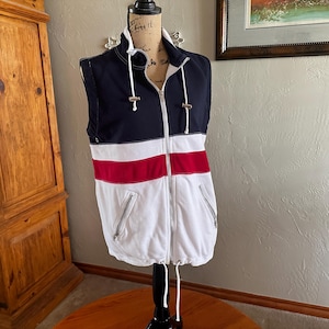 Vintage 1980-tals VITTADINI SPORT Ärmlös Sweatshirt med Dragkedja Röd, Vit, Blå / Storlek Medium