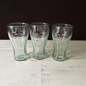 1980s Set of Three (3) Vintage COCA COLA Green Tinted Drinking Glasses