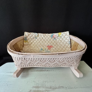Vintage Toy Wicker Pink Doll Cradle on Wooden Rockers