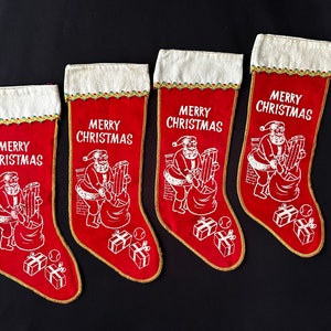 Vintage Stencil “MERRY CHRISTMAS” Stockings - Santa by the Chimney with Bag of Toys – Sold Separately