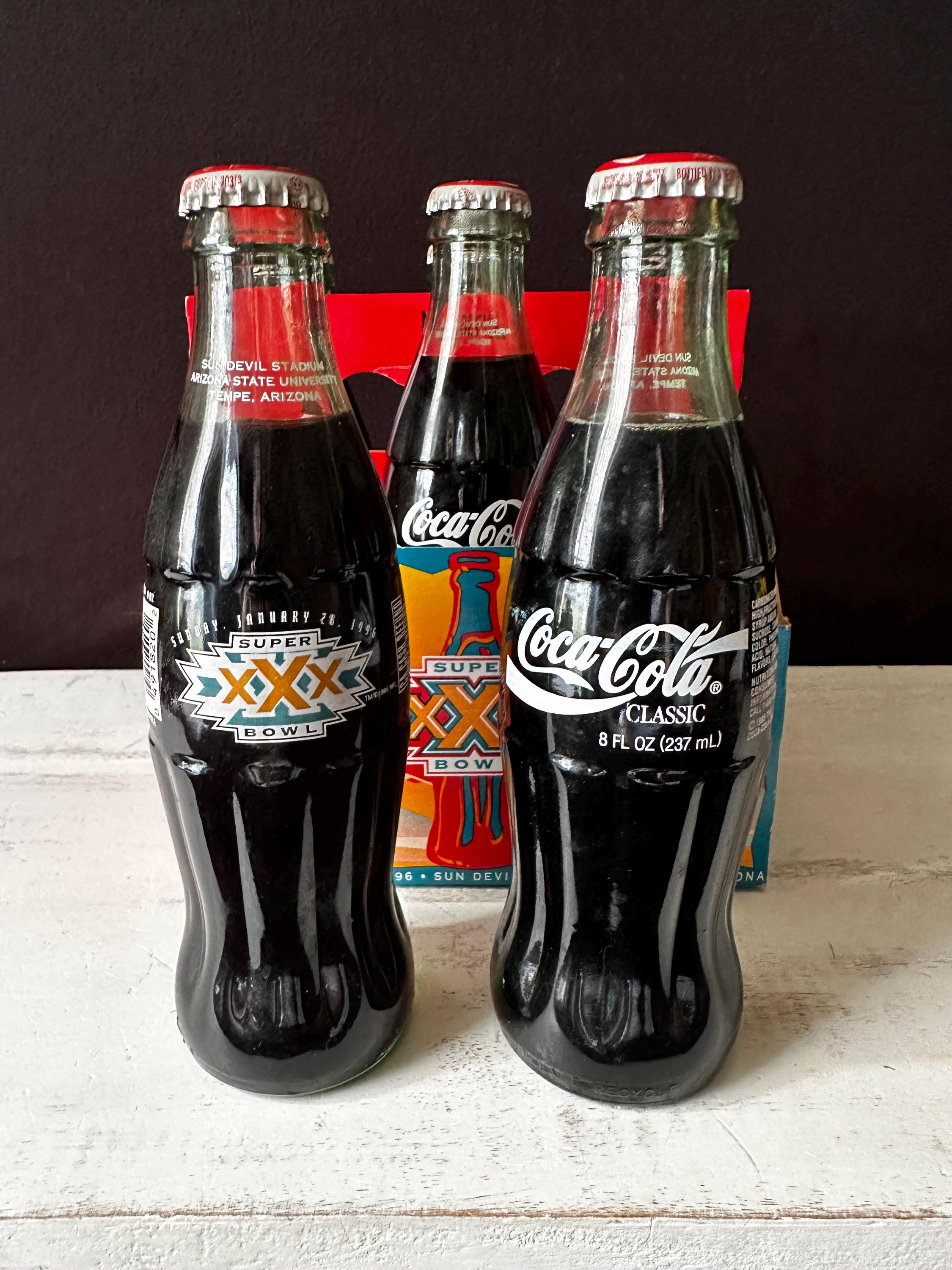 1996 Vintage Full Six Pack of Glass Coca-cola Bottles SUPER BOWL