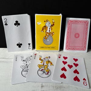 CARTAS DE JOGO Vintage dos anos 80, revestidas com palhaço JUMBO, 5”X7”, completas com coringas, na caixa original.