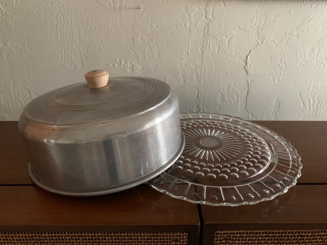 Vintage Aluminum Cake Cover With Wooden Knob and Beautiful Heavy Glass
