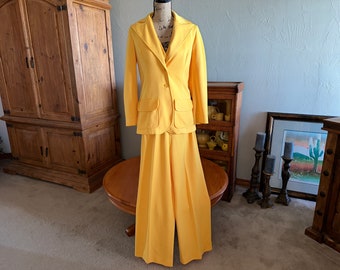 Vintage 1970's Handmade Bright, Bright Yellow 3-PC Pantsuit - Butterfly Lapel High Waisted Pant with Vest