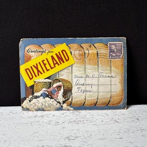Cartolina pieghevole in lino souvenir del 1937 "Saluti da DIXIELAND"