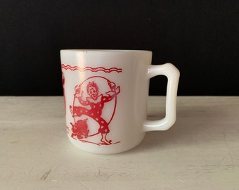 1950s Hazel Atlas Milk Glass Child's Mug –  Circus Clown w/Donkey and Pig in Red