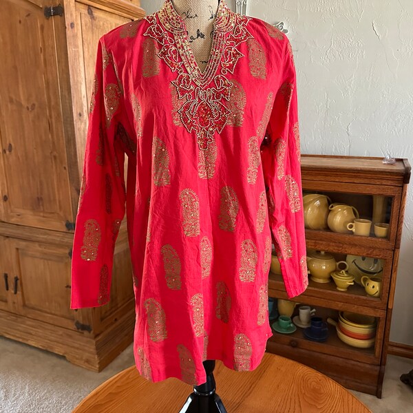 DENIM 24/7 Women’s Tunic-Style Top Size M Red with Gold Beading & Sequins