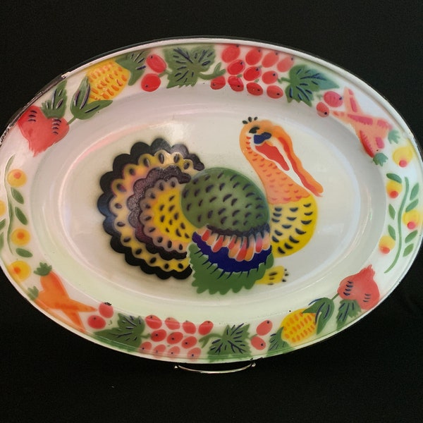 1960-70s White Metal Porcelain Enamel Turkey Platter