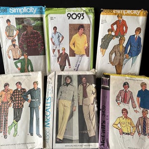 May include: A collection of vintage sewing patterns for men's clothing. The patterns feature different styles of shirts, jackets, and pants. The patterns are from Simplicity and McCall's.