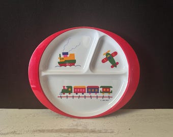 Vintage 1984 PECO melamine kinderbord met trein-, vliegtuig- en bootafbeeldingen
