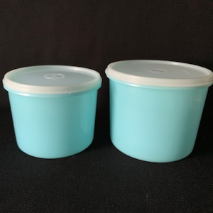 May include: Two blue plastic containers with white lids. The larger container is on the right and the smaller container is on the left.