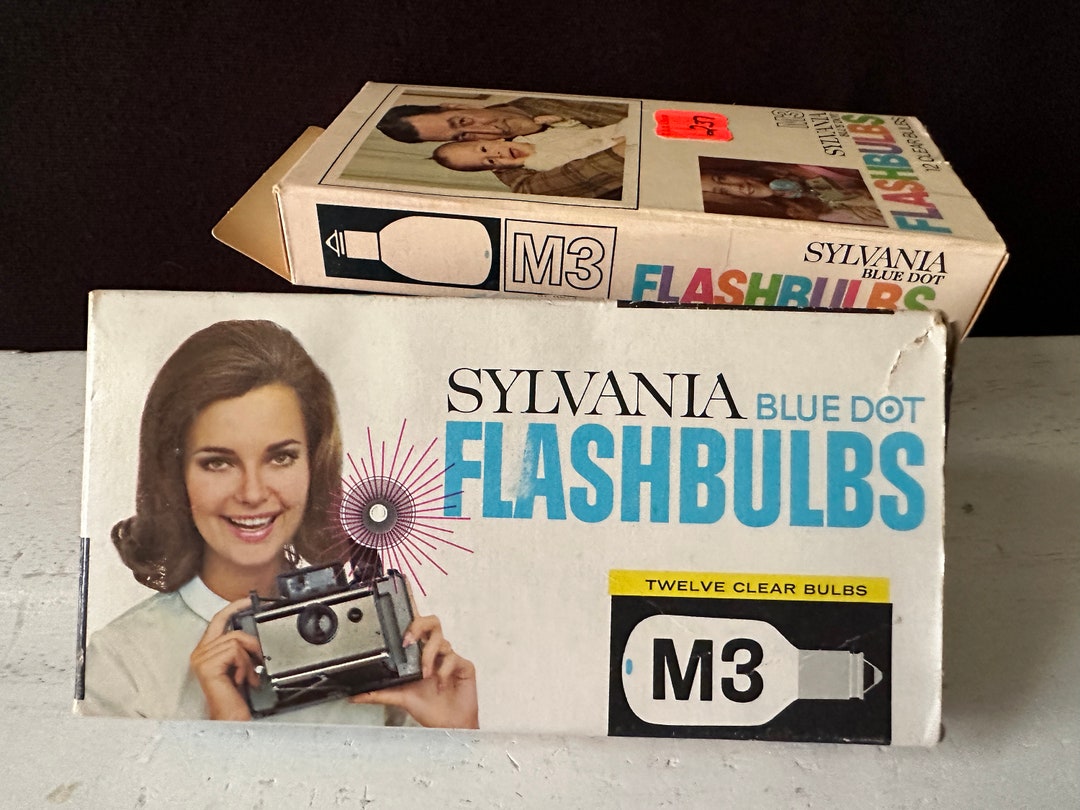 Lot de 2 lampes flash Sylvania Blue Dot M3B, boîte vintage, stock ancien des années 1960, 24 ampoules USA - France