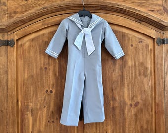 Mono de marinero vintage de los años 60 para niña pequeña, de una sola pieza, con pantalones acampanados y espalda elástica.