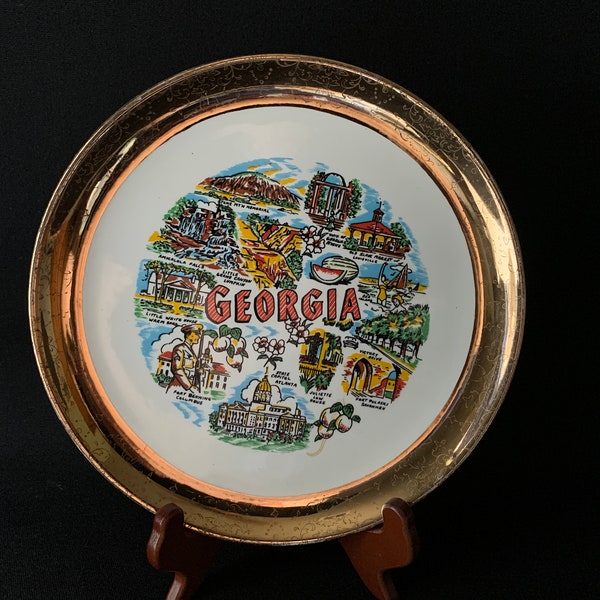 GEORGIA Vintage Souvenir State 9” Plate with Red Gold Trim