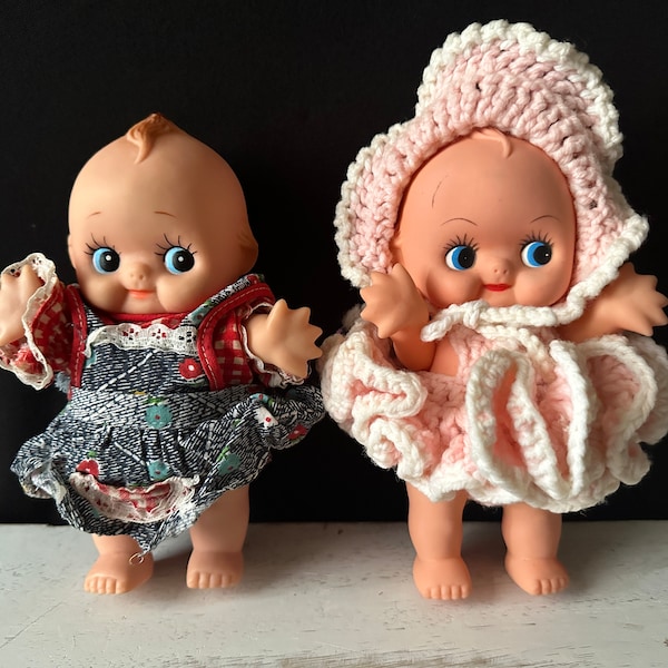 Adorable Vintage Rubber Kewpie Dolls - Sold Separately. Moveable Head, Legs, & Arms, with Clothes