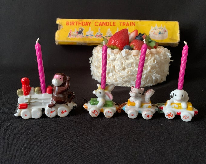 Vintage BIRTHDAY CAKE Candle Holders/cake Topper With Tiny Ceramic Animals in Train Cars Etsy