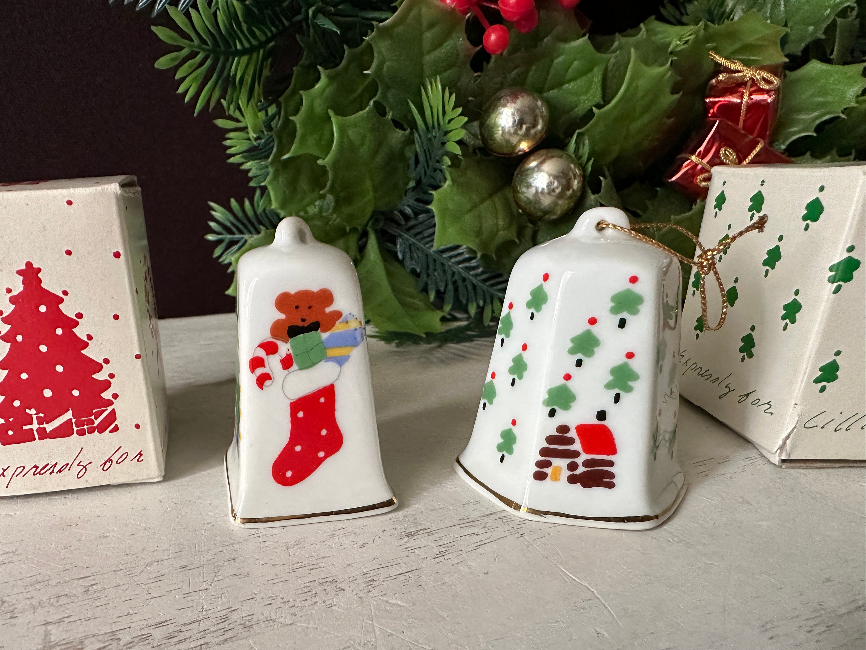 Two 1984 Lillian Vernon Christmas Bell Ornaments – New in Original