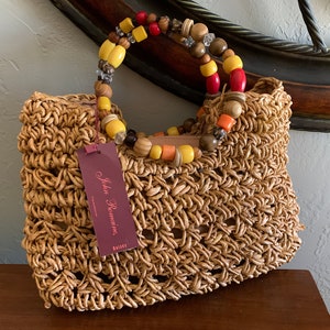 Rare Vintage JOHN ROMAINE Woven Natural Raffia Purse With Round Beaded Handle NWT